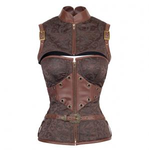 Brown corset floral pattern with synthetic leather and bolero Steampunk 130