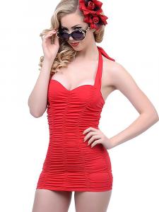 Red One Piece Vintage pin-up Swimsuit Neck Halter Ruffle Swimwear