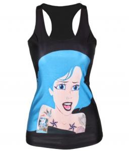 Black Sleeveless shirt top print Ariel blue hair mermaid rock princess tatoo dark thu