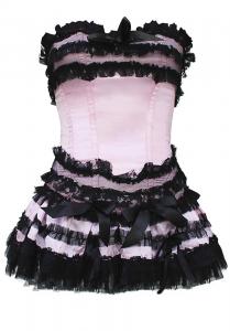 Pink overbust corset with black lace and short tulle skirt