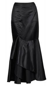 Long Cascade Ruffle black satin Skirt with Back Zip Opening, evening outfit, cocktail