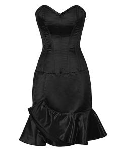 Robe corset satin noir jupe plisse, gothique lgant cocktail chic 289