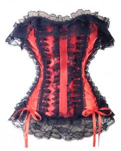 Red overbust corset with black lace and lacing, gothic, rock