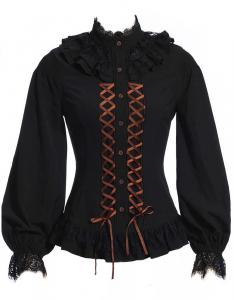 Steampunk black shirt with puffy sleeves, frilly and brown lacing, RQBL