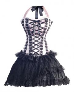 Pink and blacl lace corset with large lacing with skirt burlesque pin-up cute