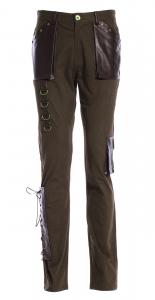Green man pants rousers with brown faux leather pockets and lacing, steampunk RQBL