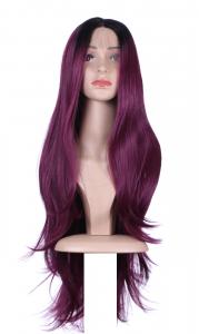 Long straight purple with black roots lace front wig 60cm, cosplay fashion