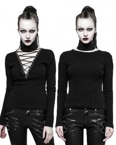 Black reversible top with long sleeves, neckline lace-up and collar, nugoth, punk rave