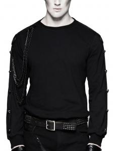 Long sleeves black man top with removable chains and small black skulls details, Punk Rave