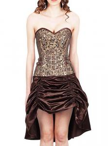 Brown and gold steamunk corset dress with straps, chains, belt and pleated satin skirt 323