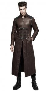 Long brown faux leather coat for men with straps, elegant steampuk Punk Rave Y-809