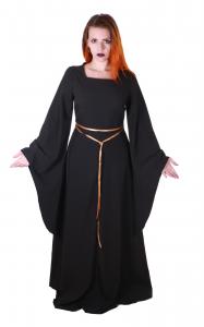 Very long black dress with flared sleeves and gold ribbon, medieval witch priestess