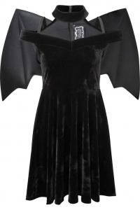 Black velvet dress with vegan leather collar and bat wings, KILLSTAR Tokyonight