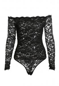 Black lace transparent bodysuit with sleeves and naked shoulders, Sexy Valentines Day