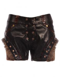 Black and brown faux leather shorts, transparent lace on the sides, steampunk, RQBL