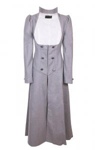 Veste longue gris clair en laine avec poitrine ouverte et boutons, SteampunkCouture