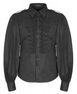 Men\'s black shirt with puff sleeves and embroidery, elegant Gothic, Punk Rave