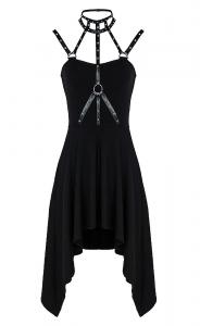 Black Sober Dress with Chocker Harness and fluid fabric, Gothic Rock, Darkinlove