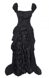 Black Long Dress with baroque pattern, train and satin ruffles, Victorian Gothic