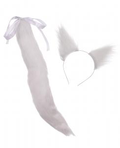 Set tail and ears cat, white synthetic fur, cosplay kittenplay