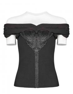 Dark Red Collar bar shoulders Top with Embroidery, Elegant Gothic, Punk Rave