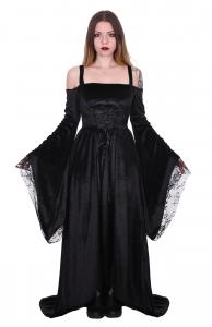 Long black velvet dress, bare shoulders and flared long sleeves, medieval gothic