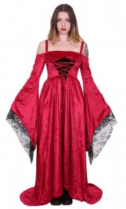Long dress in red velvet, bare shoulders and flared long sleeves, medieval