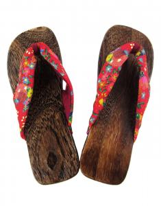 Wooden Geta Sandals and red flower fabric, Traditional Japanese