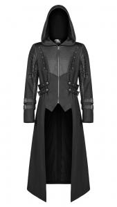 Long black jacket, lace-up on sleeves, hood and straps, Gothic, Punk Rave