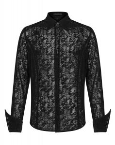 Velvet Lace Men\'s Black Shirt with Embroidery, Elegant Gothic, Punk Rave