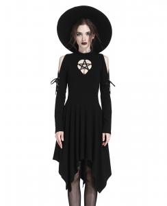 Pentagram Black Flowing Dress, bare shoulders and Lacings, Gothic Nugoth, Darkinlove