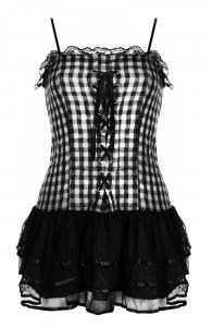 White Check Dress with Black Skirt, Lacing and straps