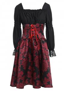 Red and black baroque patterns dress, lace-up and puffed sleeves, elegant gothic