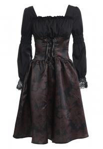 Brown and black baroque patterns dress, lace-up and puffed sleeves, gothic steampunk