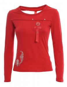 Red top with long sleeves, openings and straps, silver print, punk rock