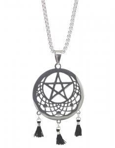 Silver Pentagram dreamcatcher necklace with tassels, wxitchcraft witchy pagan wicca