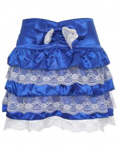 Blue satin mini skirt with white floral lace, big bow, kawaii burlesque