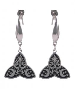 Silver and black triquetra earring with pentacle, moons and sun, witchy pagan