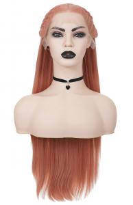Long Straight Peach Pink Front Lace Wig 70cm with Braid, Cosplay Fashion