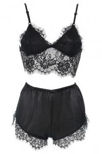 Black satin pajama elegant lingerie set with lace, bra and shorty