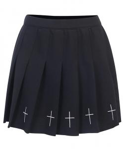 Short black pleated skirt with embroidered cross, gothic nugoth uniform schoolgirl