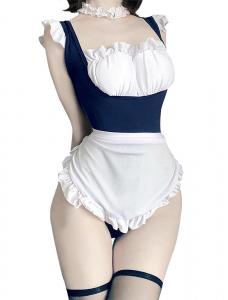 Dark blue and white maid body outfit with nude back 3pcs, sexy disguise