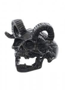 Skull ring with ram\'s horn, gothic occult punk rock biker