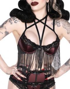 She\'s Poison wine and black Bra with straps, lace and fringes, KILLSTAR, sexy gothic