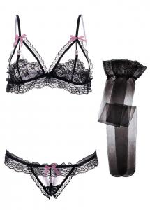 Cute sexy black lace 3pcs lingerie set, bows and pearls, kawaii