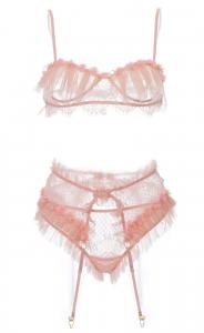 3pcs pink lingerie set with flower, frills and lace, sexy elegant