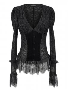 Semi-transparent black baroque patterns shirt with lace, elegant goth