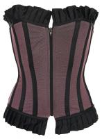 Black overbust corset with pink fishnet, zip and pleated border