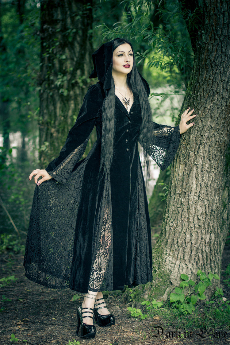 Black hooded long sleeves dress velvet lace vampire witch gothic ...